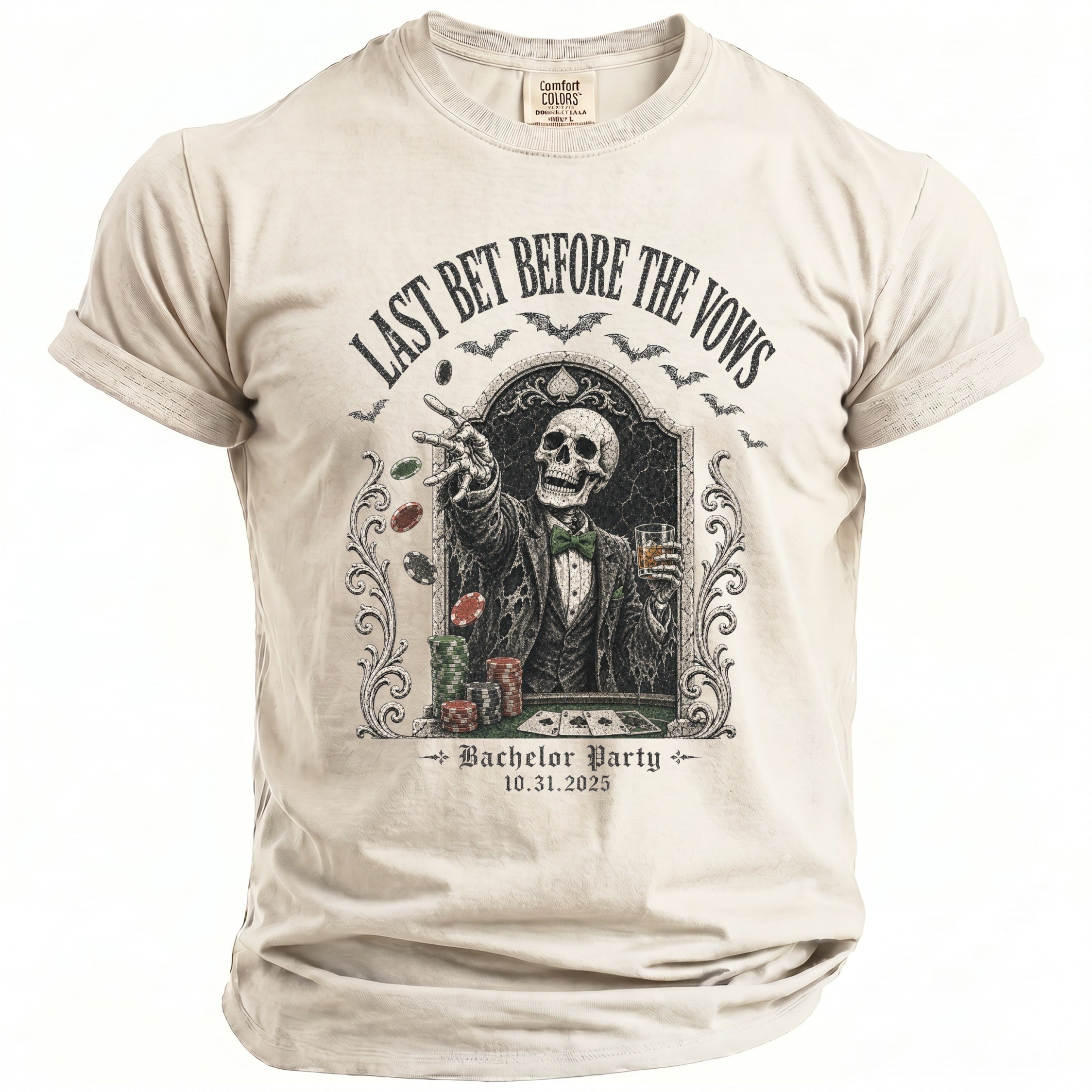 Skeleton playing poker, text "Last Bet Before The Vows" and "Bachelor Party 10.31.2025".