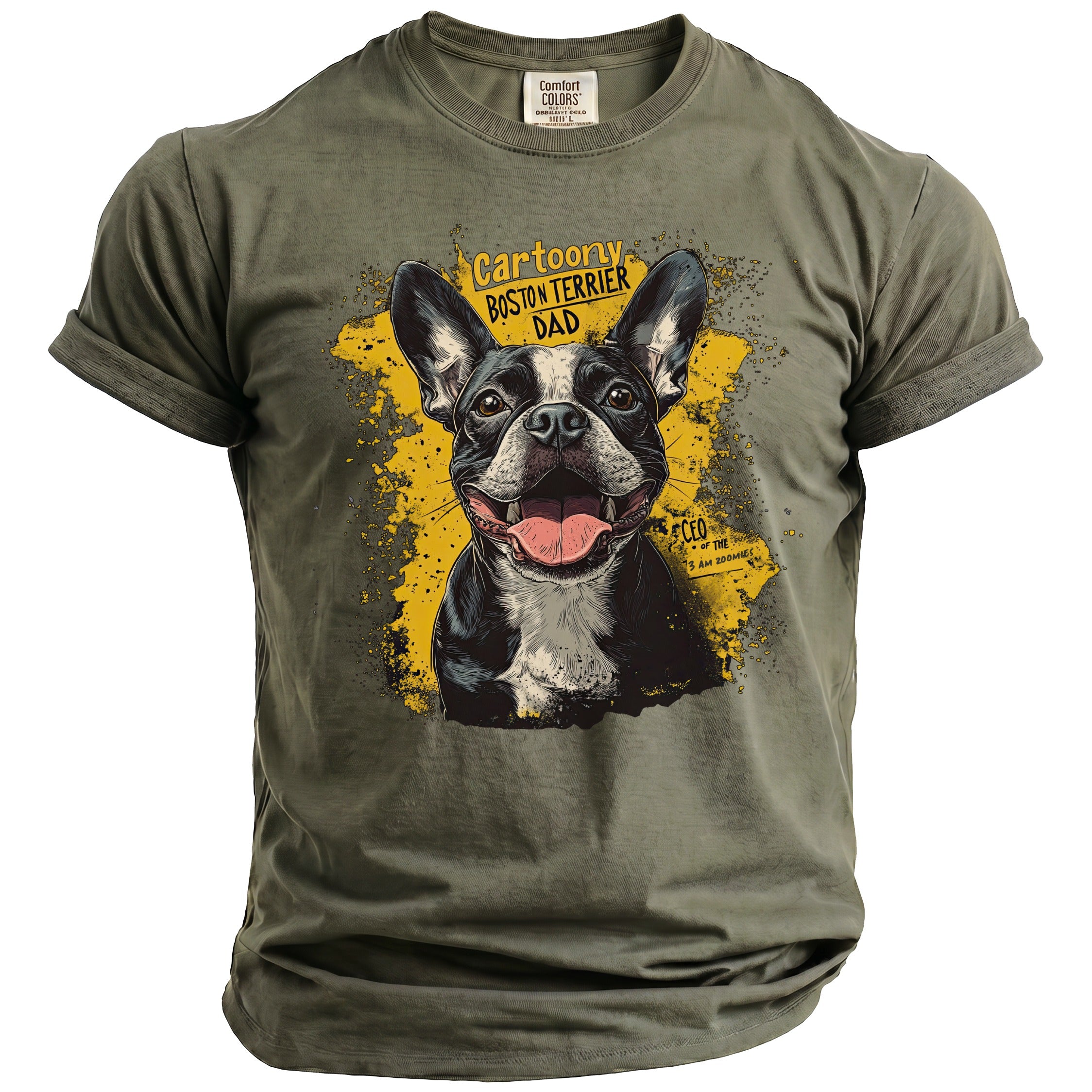 Green t-shirt with cartoon Boston Terrier wearing a bandana and text "Cartoony Boston Terrier Dad".