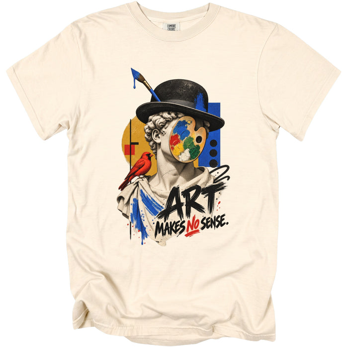Bust of a statue with a hat, paint palette face, and cardinal, with text "ART MAKES NO SENSE."