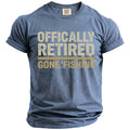 Blue t-shirt with "Officially Retired Gone Fishing" text and a fish hook graphic.