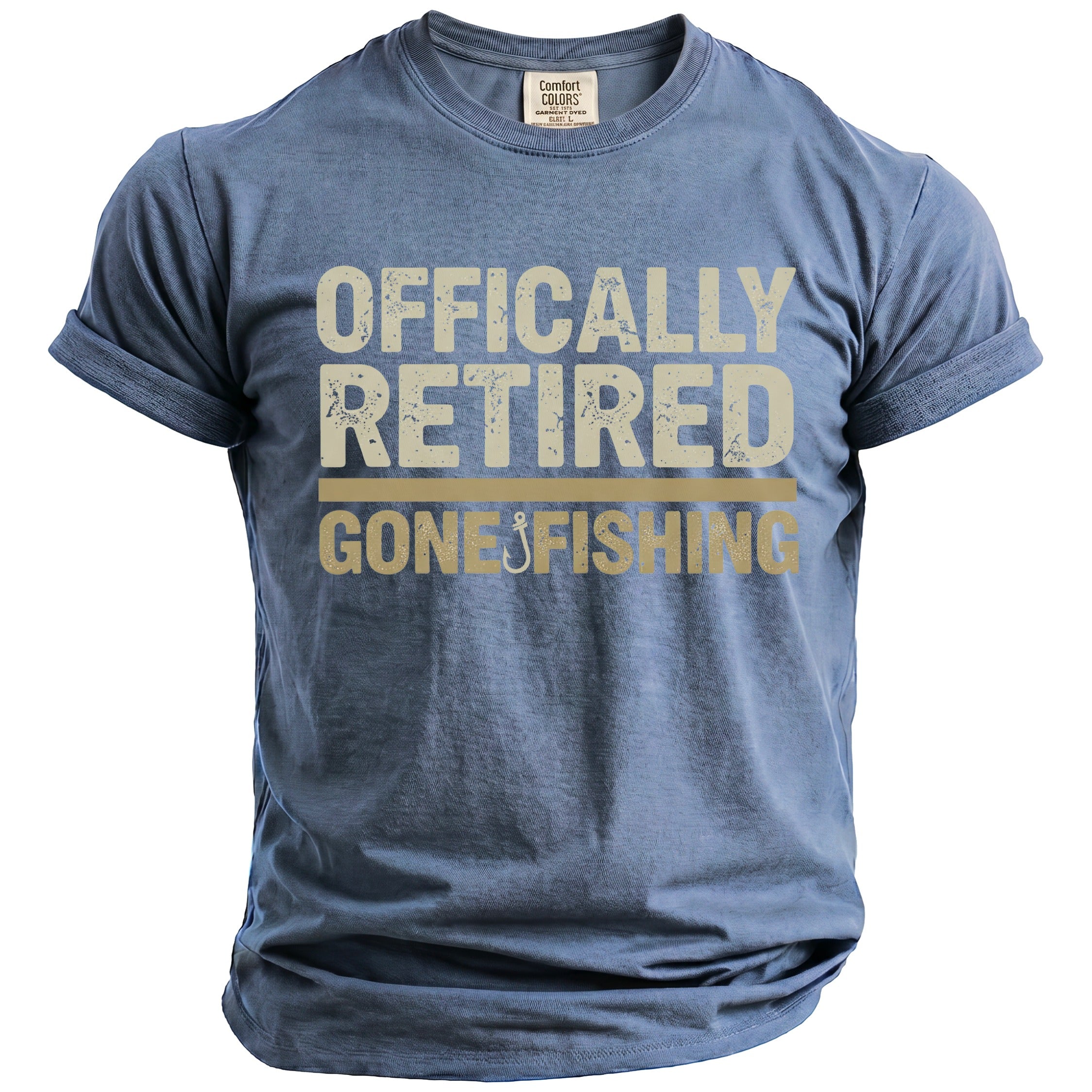 Blue t-shirt with "Officially Retired Gone Fishing" text and a fish hook graphic.