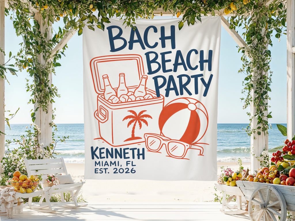 Banner with Beach Party design, cooler, palm tree, beach ball, sunglasses, and text.