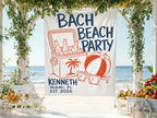 Banner with Beach Party design, cooler, palm tree, beach ball, sunglasses, and text.