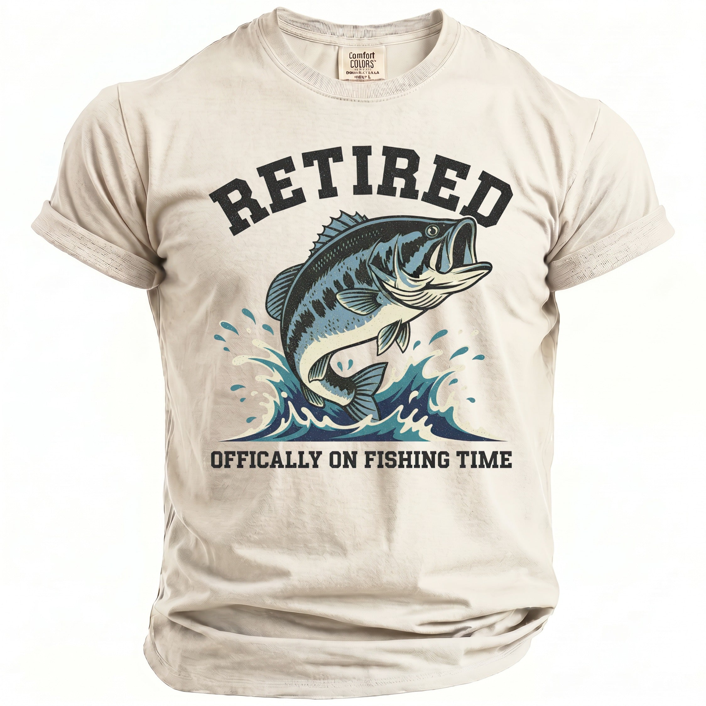 Light beige t-shirt with a bass fish jumping out of waves and text "RETIRED OFFICALY ON FISHING TIME".