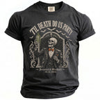 Dark t-shirt with a skeleton in a tuxedo holding a drink, "Til Death Do Us Party" and "Jessica & Michael 10.31.2026".
