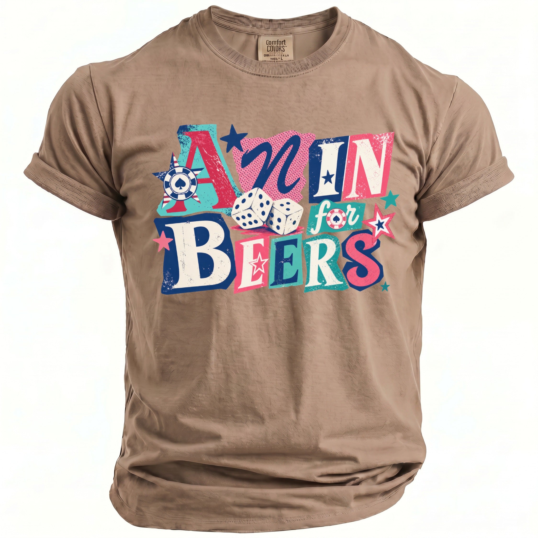 Brown t-shirt with "AN IN BEERS" text and dice, stars, and card symbols.