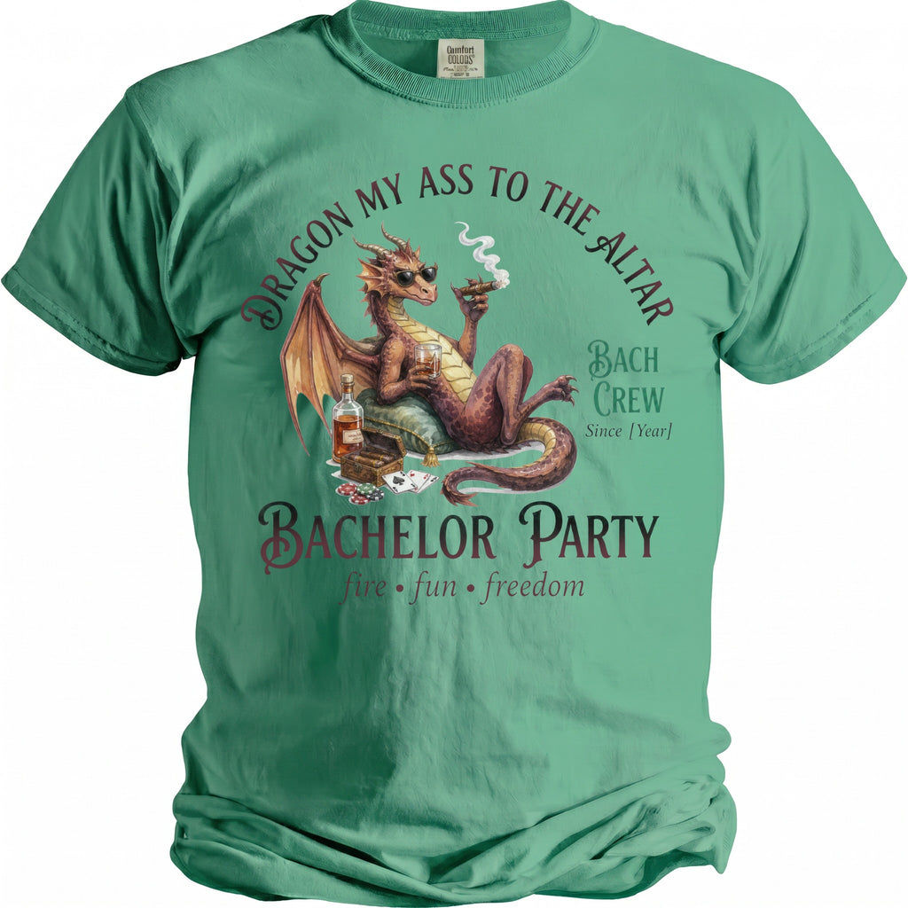 Dragon smoking cigar with whiskey, text "Bachelor Party".