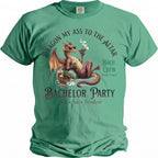 Dragon smoking cigar with whiskey, text "Bachelor Party".