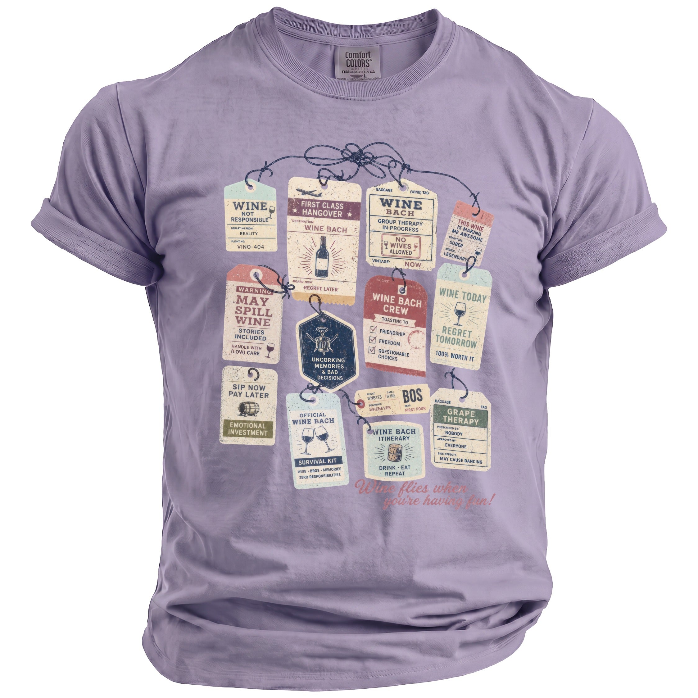 Purple t-shirt with multiple vintage-style wine-themed luggage tags and text.