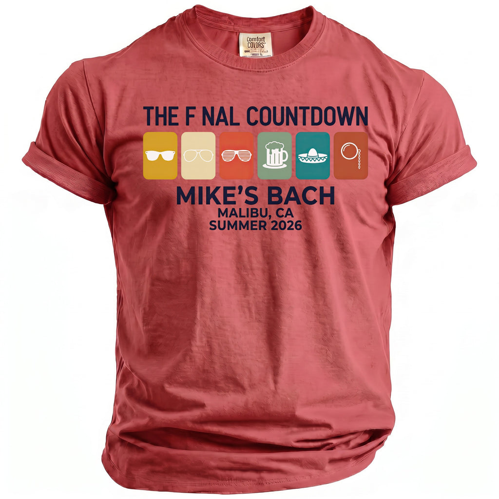 Red graphic t-shirt with "The Final Countdown" and "Mike's Bach" text.
