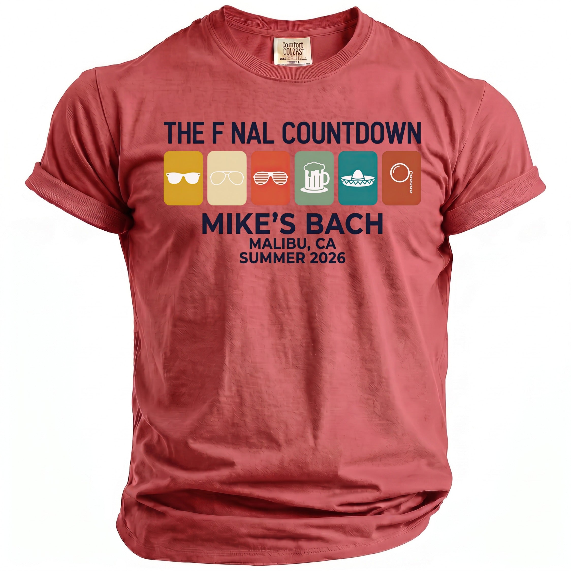 Red graphic t-shirt with "The Final Countdown" and "Mike's Bach" text.