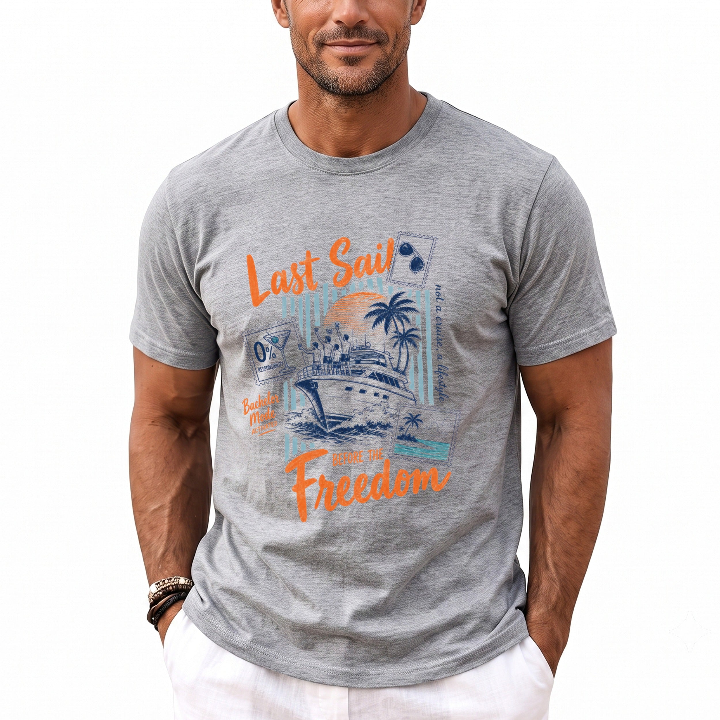 Grey t-shirt with "Last Sail Before The Freedom" graphic featuring a yacht and palm trees.