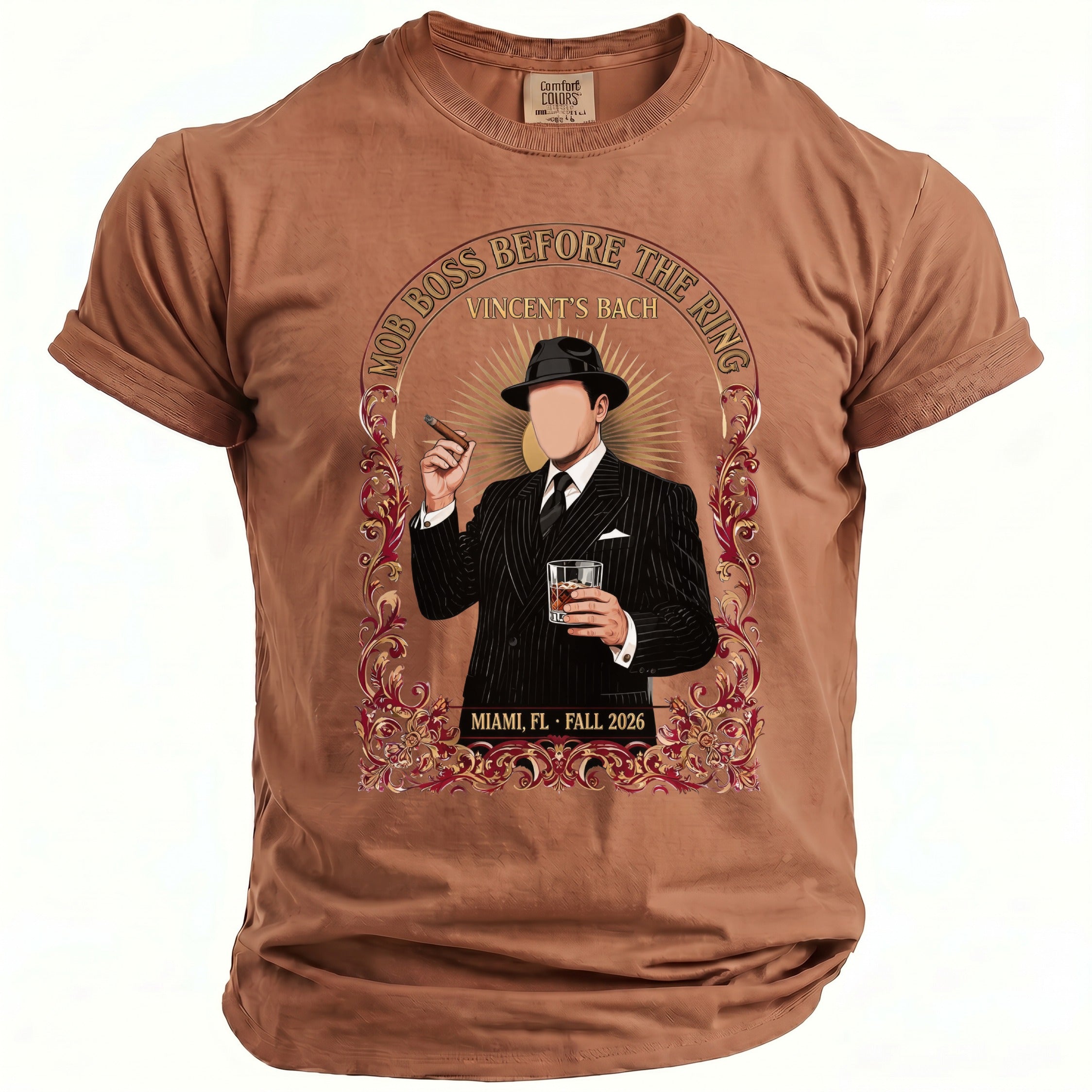 T-shirt with Mob Boss design featuring man with cigar, drink, and text.