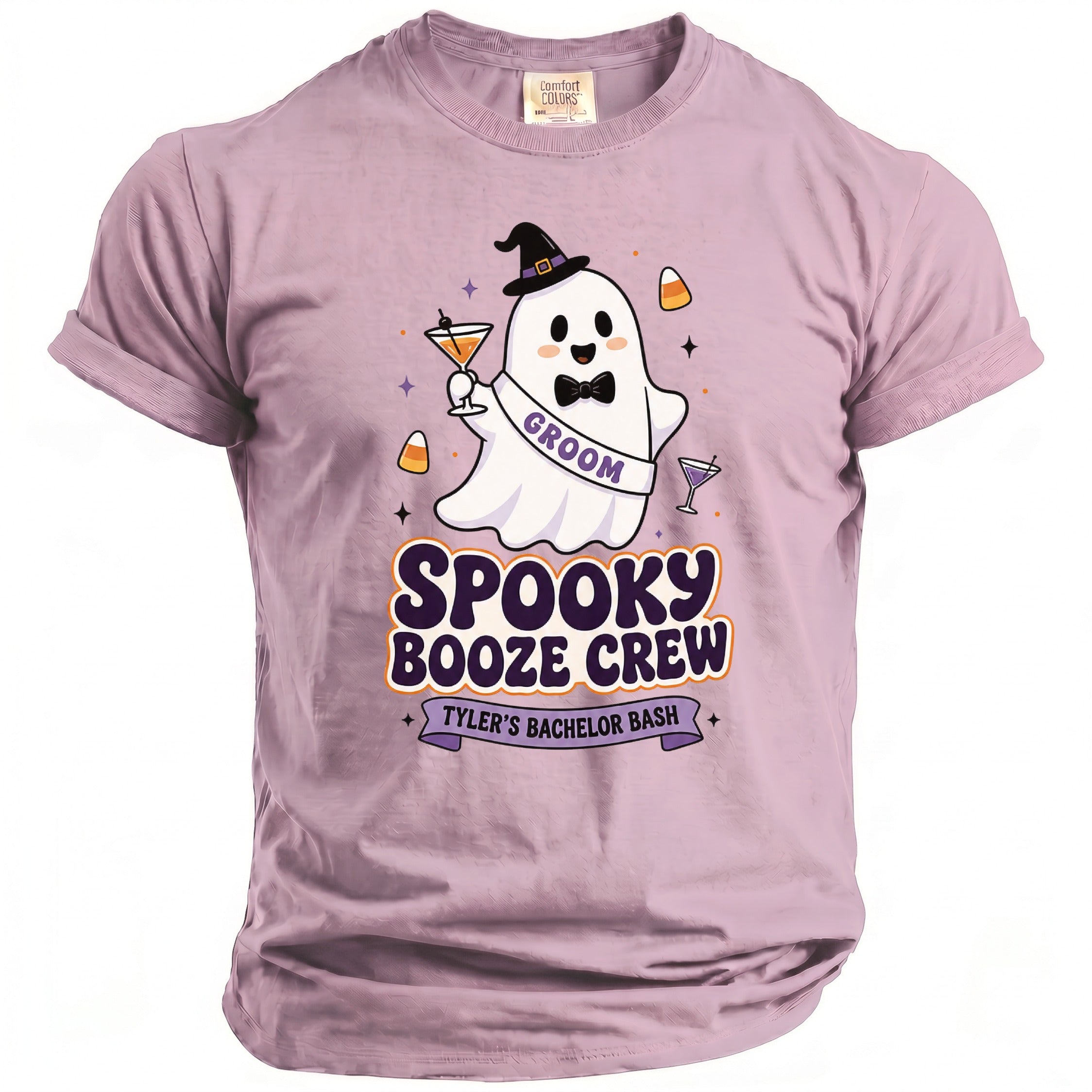 Ghost wearing a witch hat and GROOM sash, text "SPOOKY BOOZE CREW TYLER'S BACHELOR BASH".