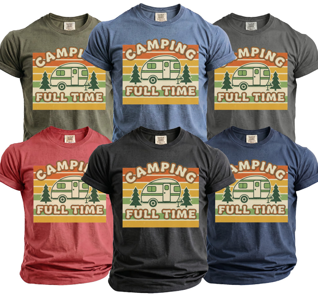 Multiple t-shirts featuring a retro camper, trees, and text that reads "Camping Full Time