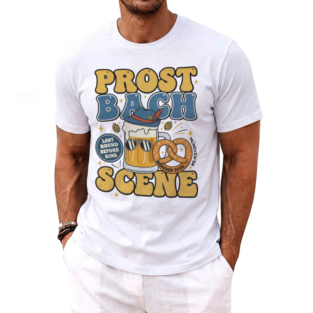 Prost Bach Scene text with beer, pretzel, and Oktoberfest hat graphic.