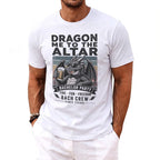 T-shirt with "Dragon Me to the Altar" and bachelor party graphics.