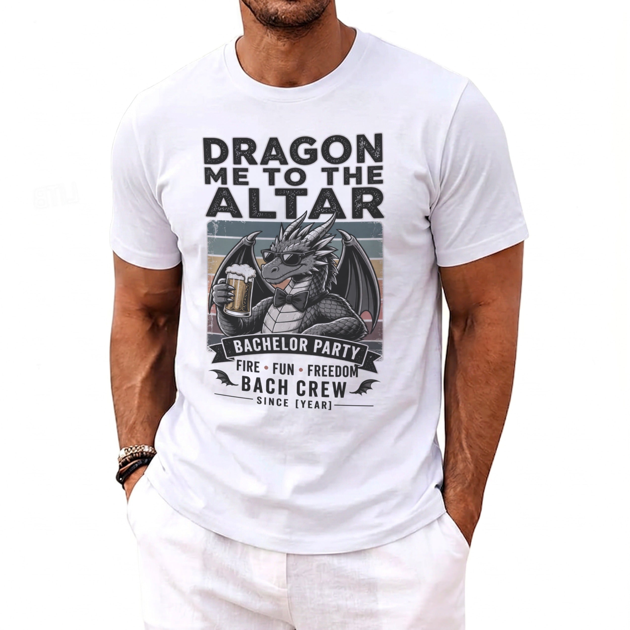 T-shirt with "Dragon Me to the Altar" and bachelor party graphics.