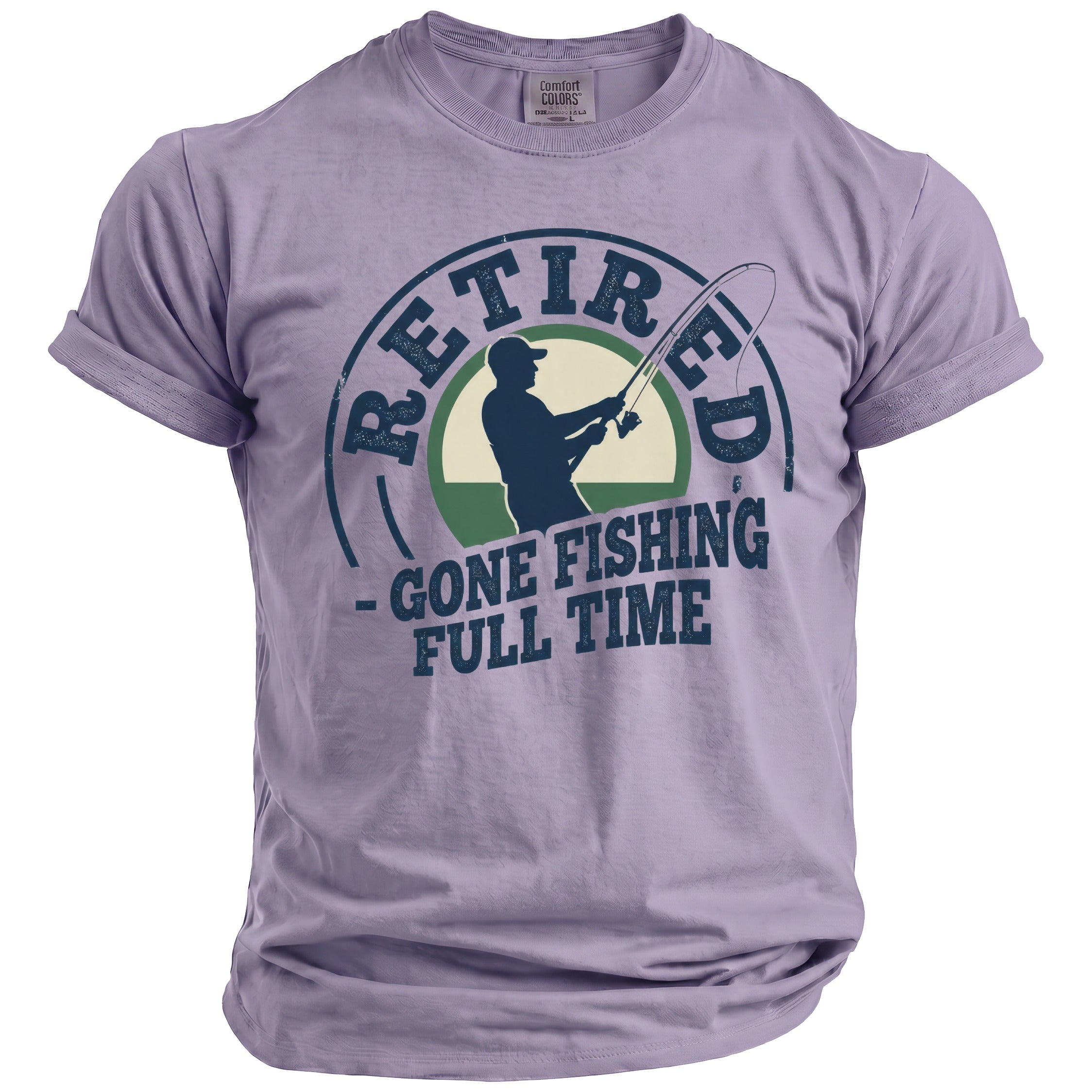 Lavender t-shirt with distressed graphic: "RETIRED - GONE FISHING FULL TIME"