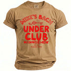 Tan t-shirt with red text: "Mike's Bach Under Club Management LA, CA Summer 2026".