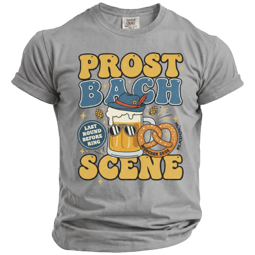 "Prost Bach Scene" text with beer mug, pretzel, and Oktoberfest hat.