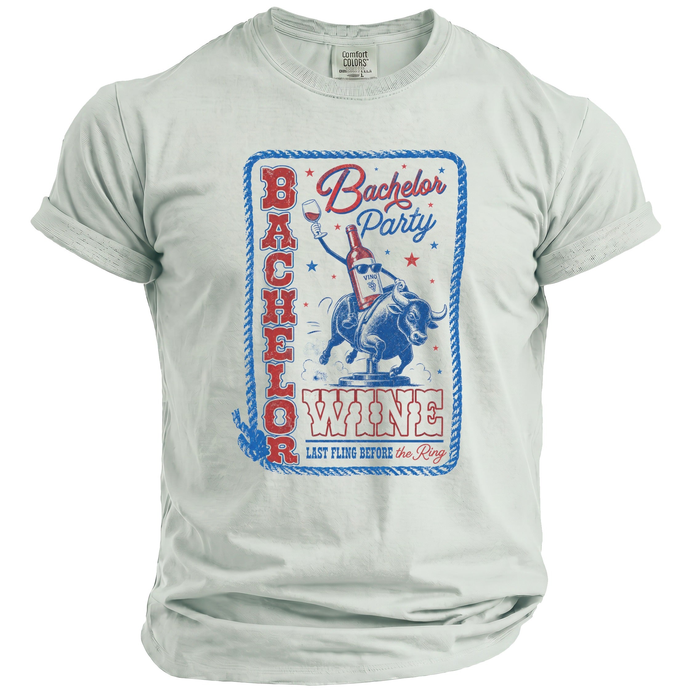 Light grey t-shirt with "Bachelor Party" graphic of a wine bottle riding a bull.