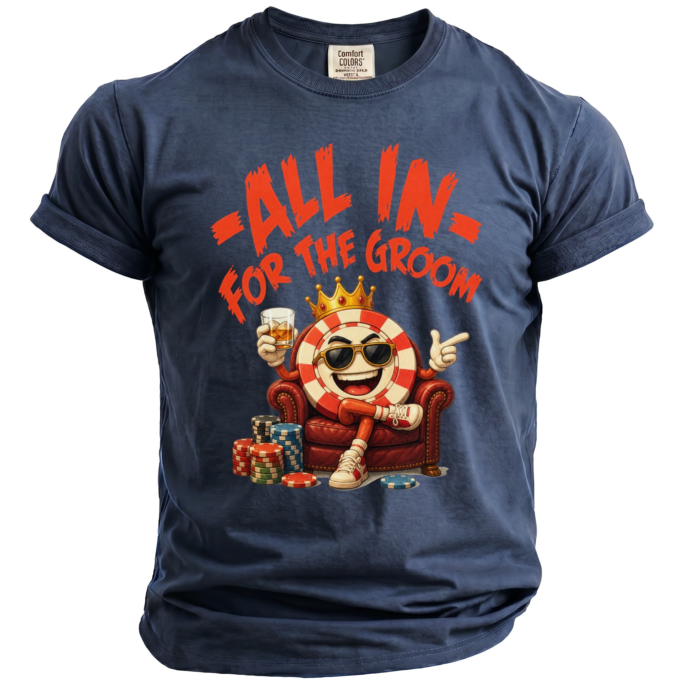 Navy t-shirt with cartoon gambling chip character saying "All In For The Groom".
