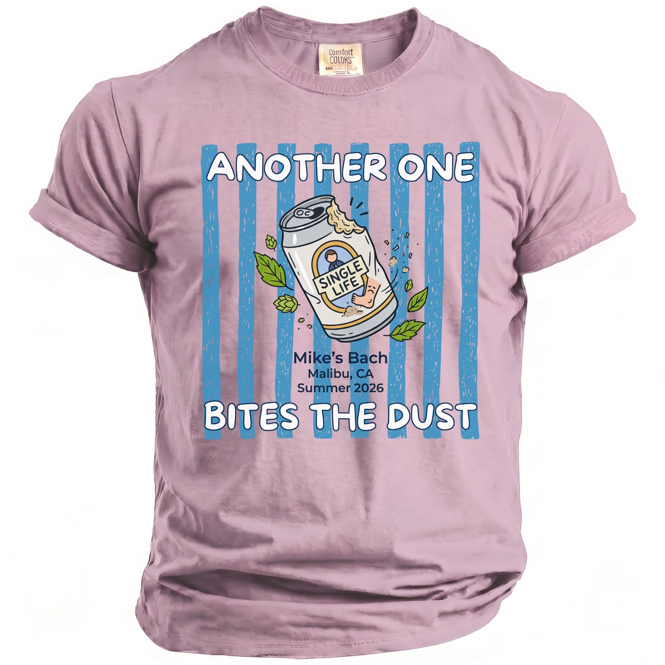 Pink t-shirt with "Another One Bites the Dust" slogan and a beer can.
