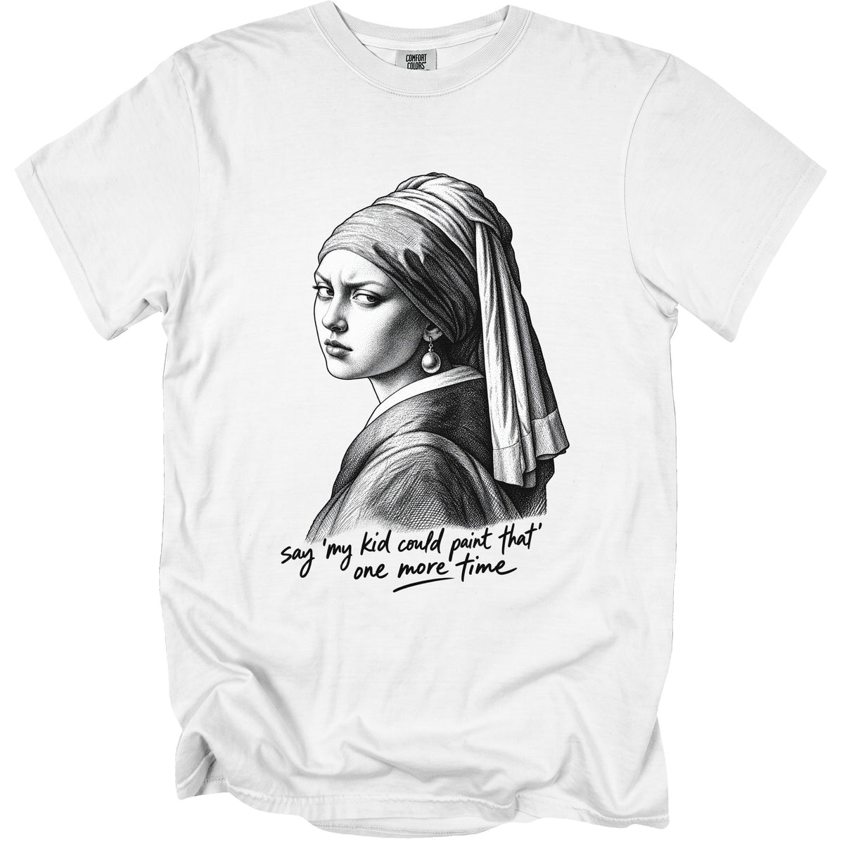 White t-shirt with "Girl with a Pearl Earring" artwork and text.