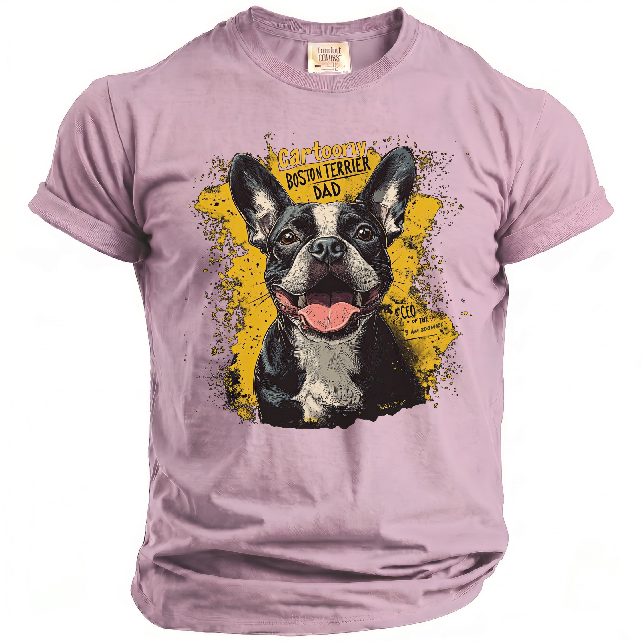 Pink t-shirt with a cartoon Boston Terrier and text "Cartoon Boston Terrier Dad".