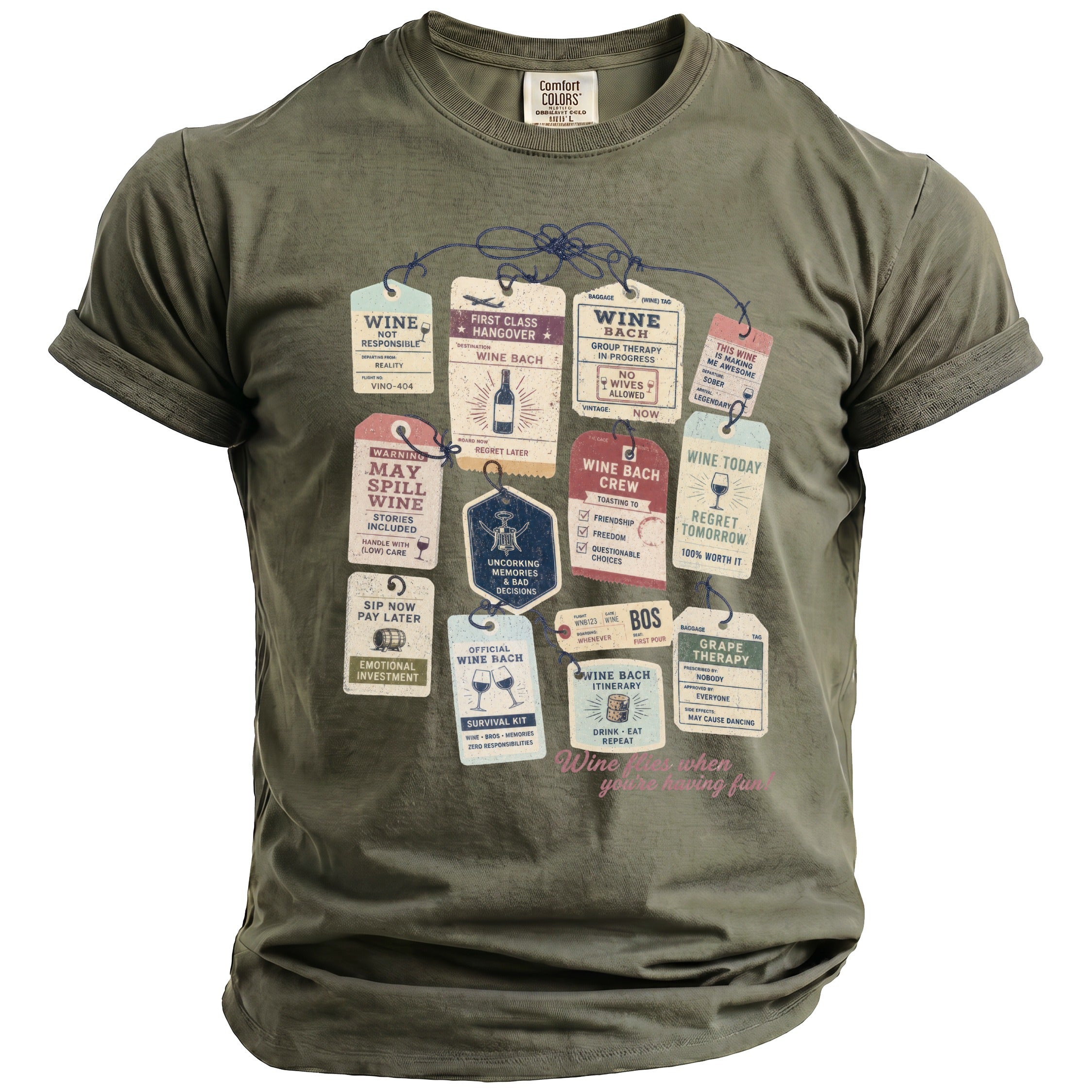 Olive green t-shirt with a graphic print of wine-themed baggage tags and text.