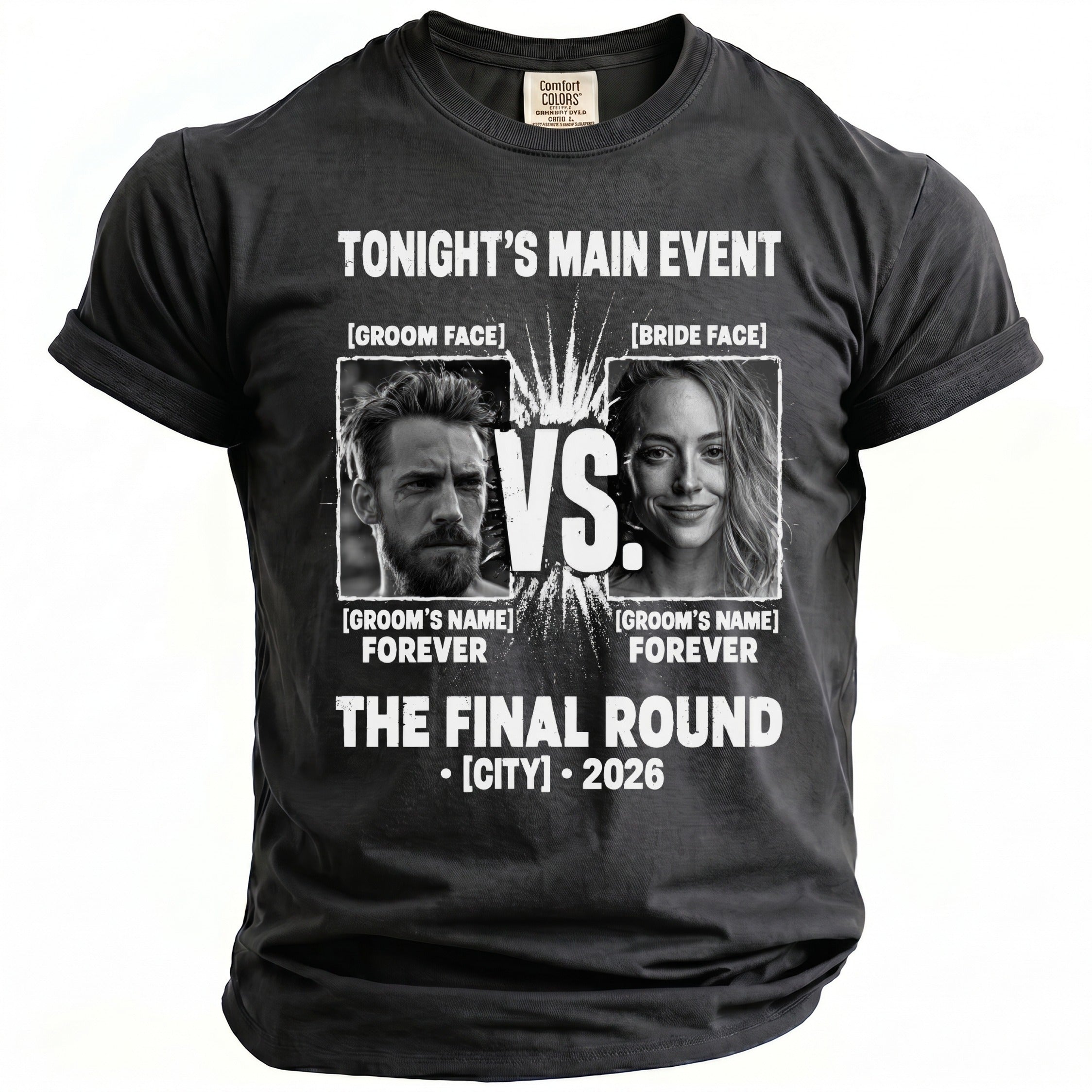 T-shirt design with groom and bride faces, "Tonight's Main Event," and "The Final Round."