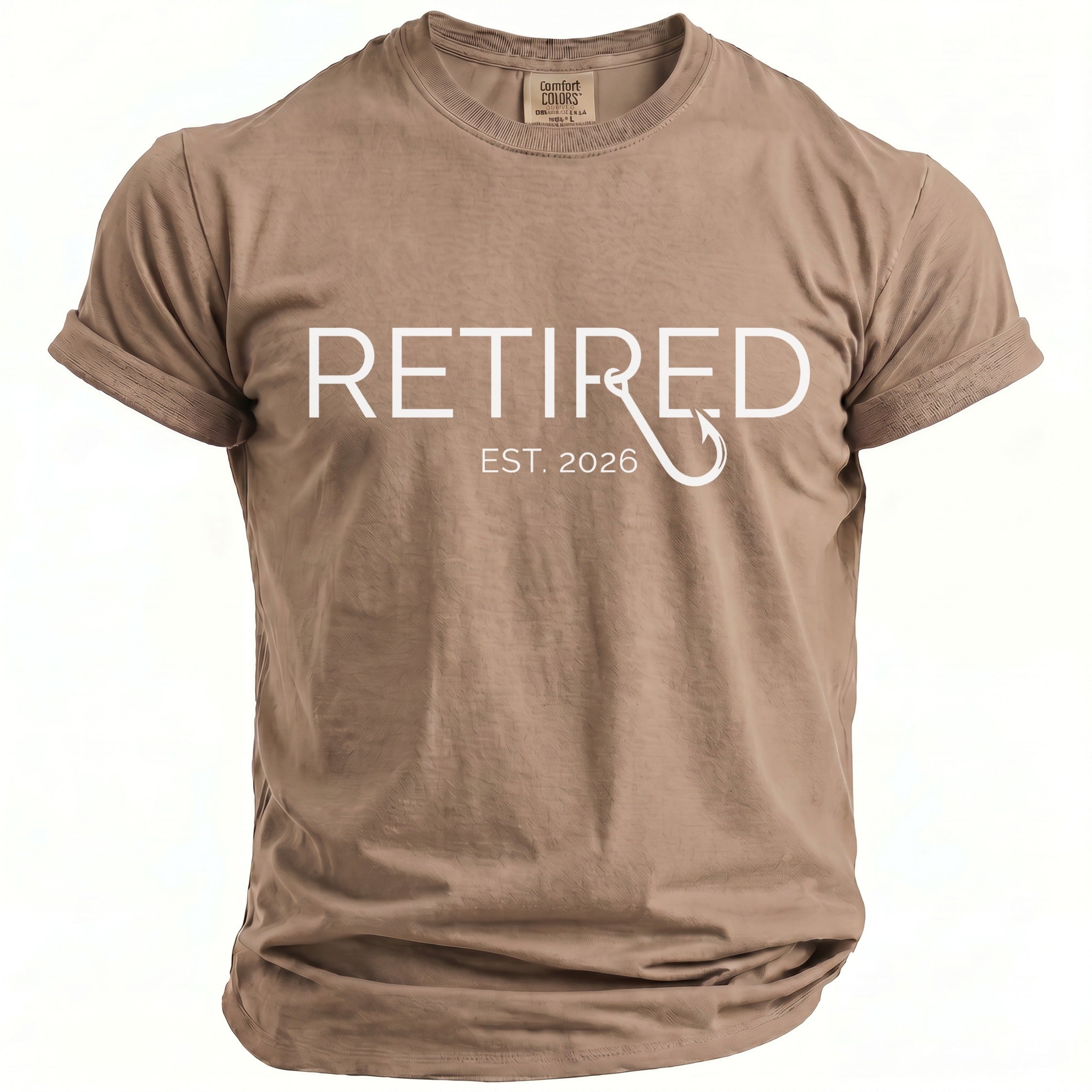 T-shirt with "RETIRED EST. 2026" and a fishing hook graphic.