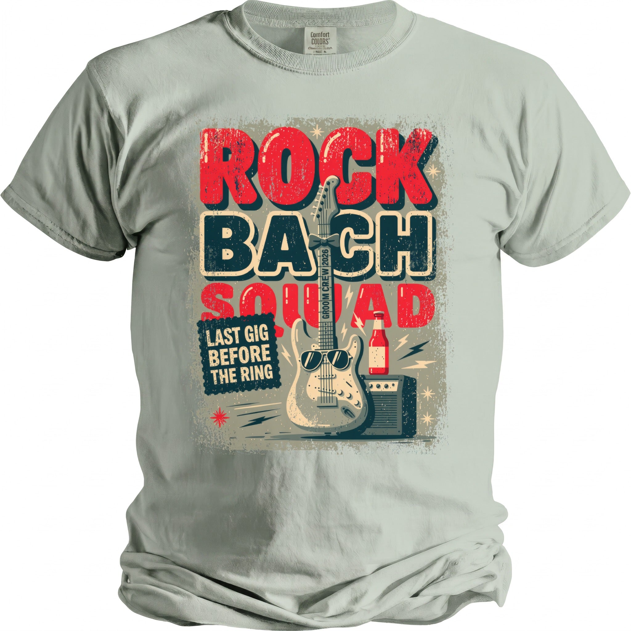 Grey t-shirt with "ROCK BACH SQUAD LAST GIG BEFORE THE RING" text and graphics.