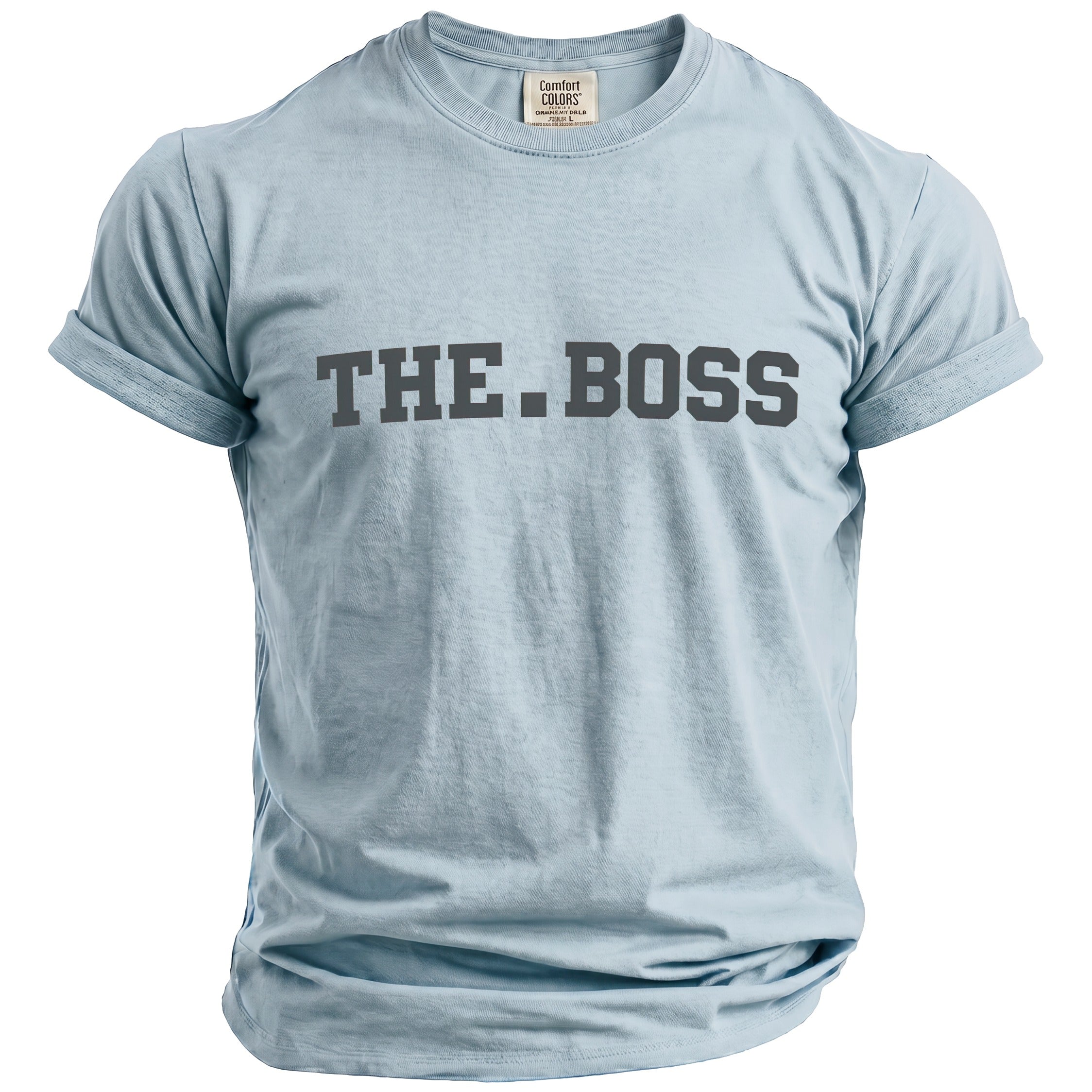Light blue t-shirt with "THE.BOSS" printed in dark grey letters.