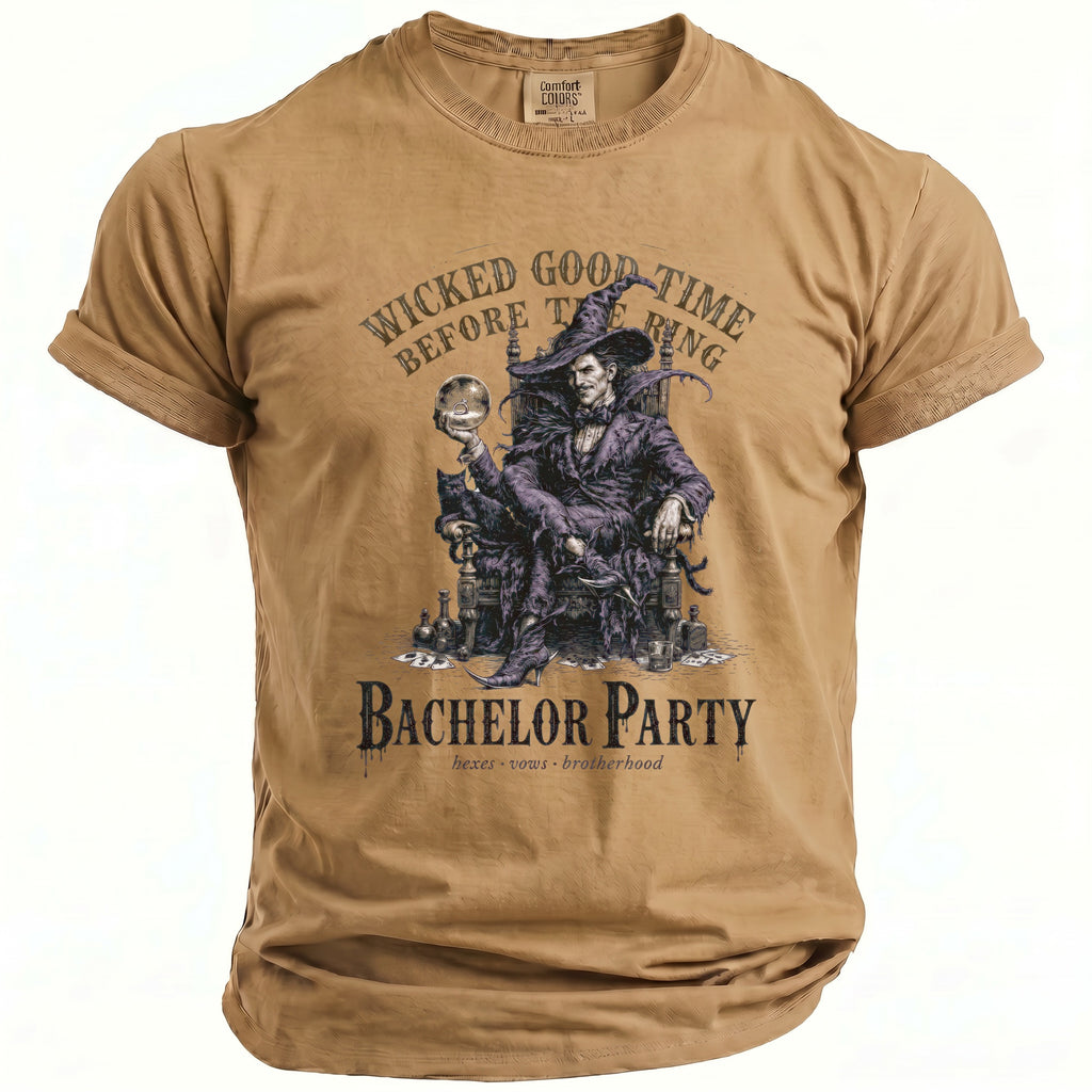 Tan t-shirt with "Wicked Good Time Before The Ring" and "Bachelor Party" graphics.