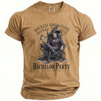 Tan t-shirt with "Wicked Good Time Before The Ring" and "Bachelor Party" graphics.
