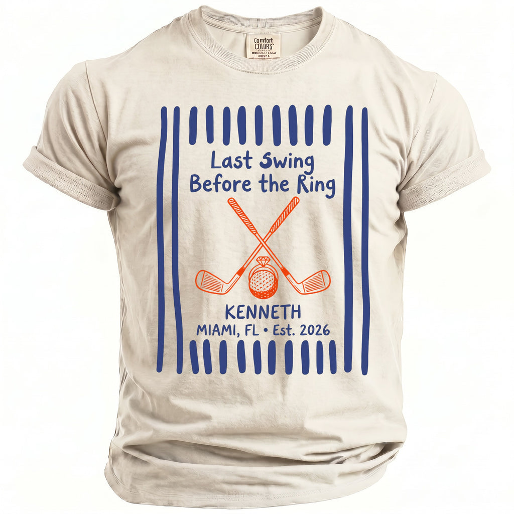 T-shirt with "Last Swing Before the Ring" text, golf clubs, ring, and "Kenneth Miami, FL Est. 2026".