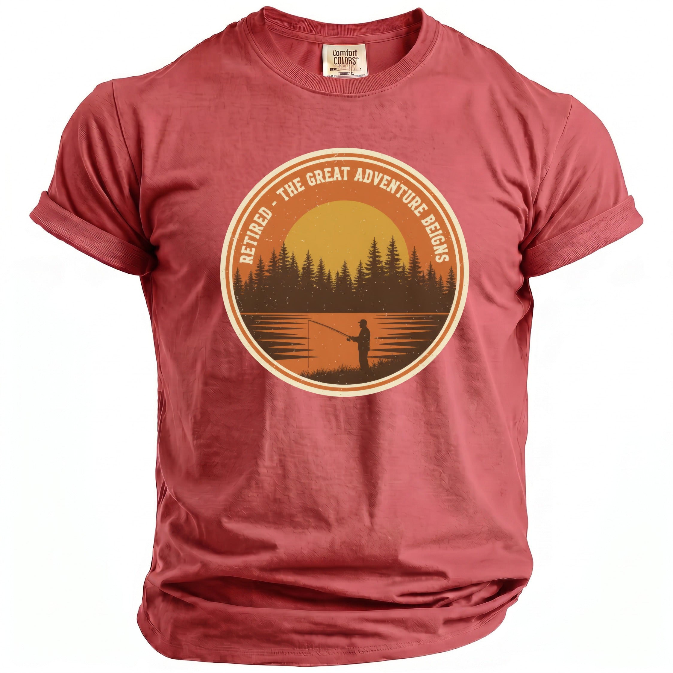 Red t-shirt with a circular graphic of a fisherman on a lake at sunset.