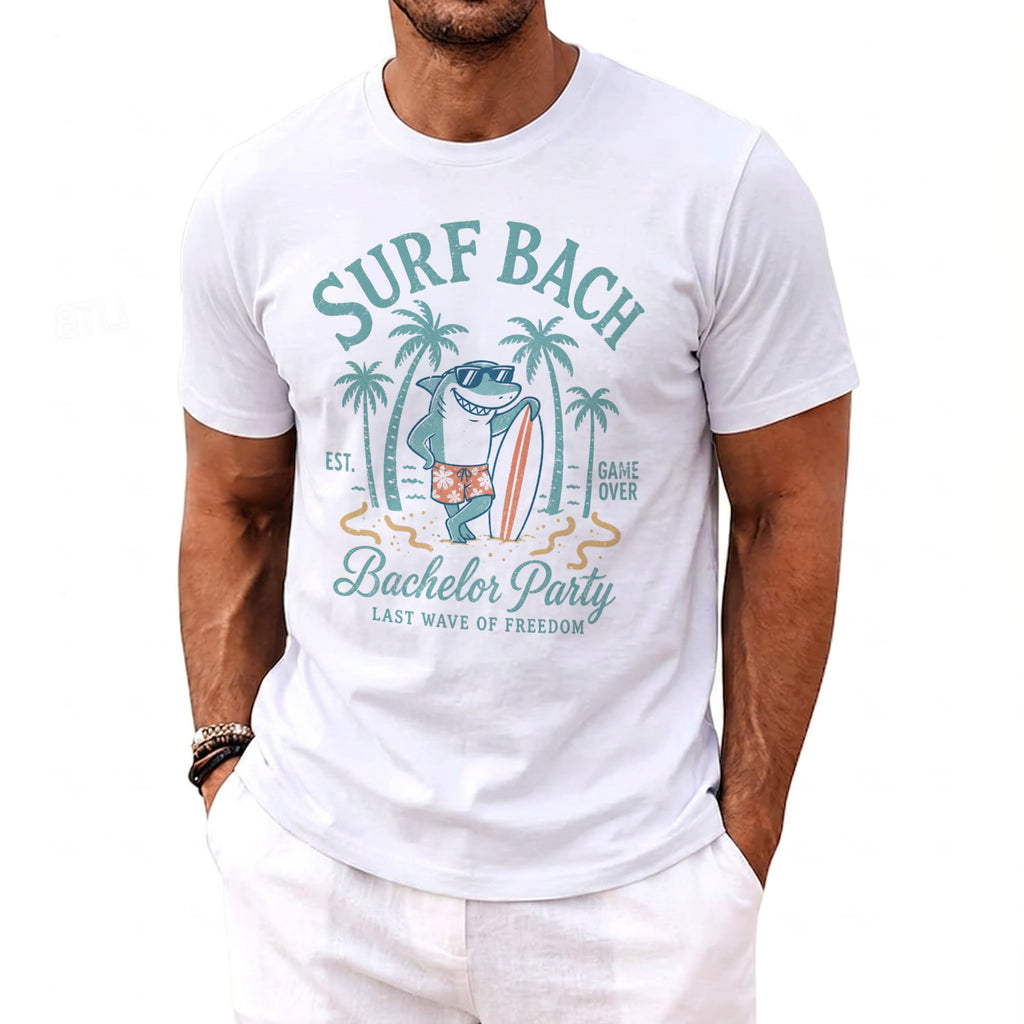White t-shirt with a shark graphic for a Bachelor Party with text.