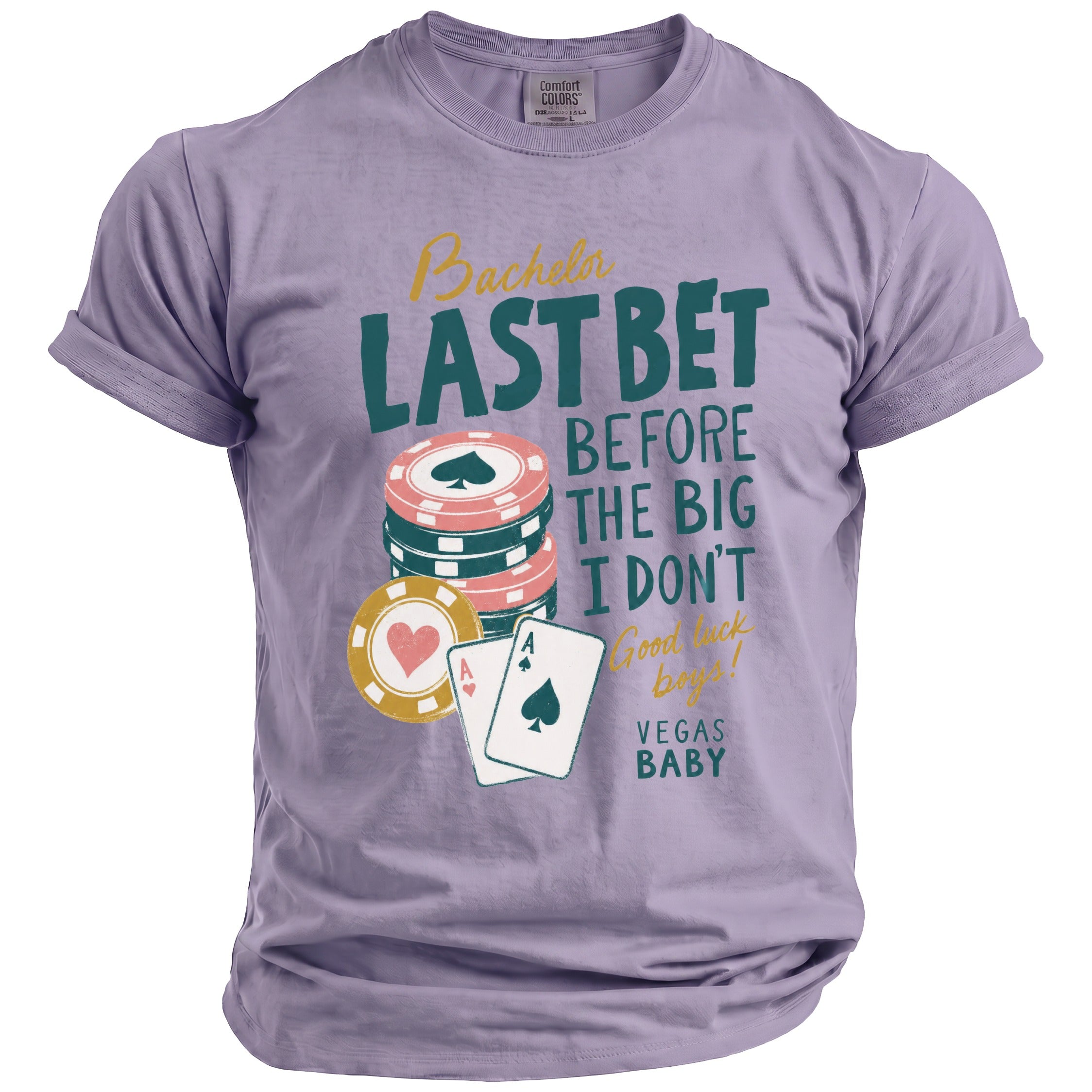 Purple t-shirt with "Bachelor Last Bet Before The Big I Don't" text and poker chips.