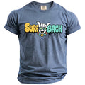 Blue t-shirt with "Surf Bach" text featuring a cartoon face and palm trees.
