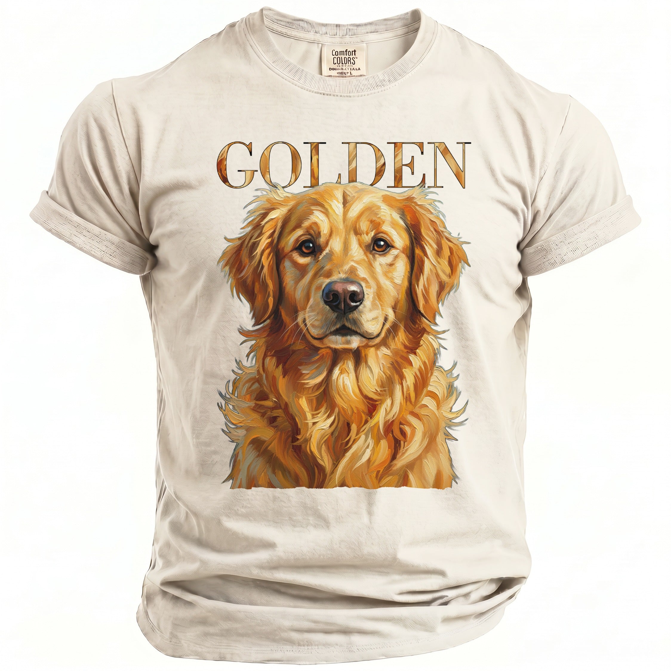 Cream t-shirt with painting of a golden retriever and the word "GOLDEN" above it.