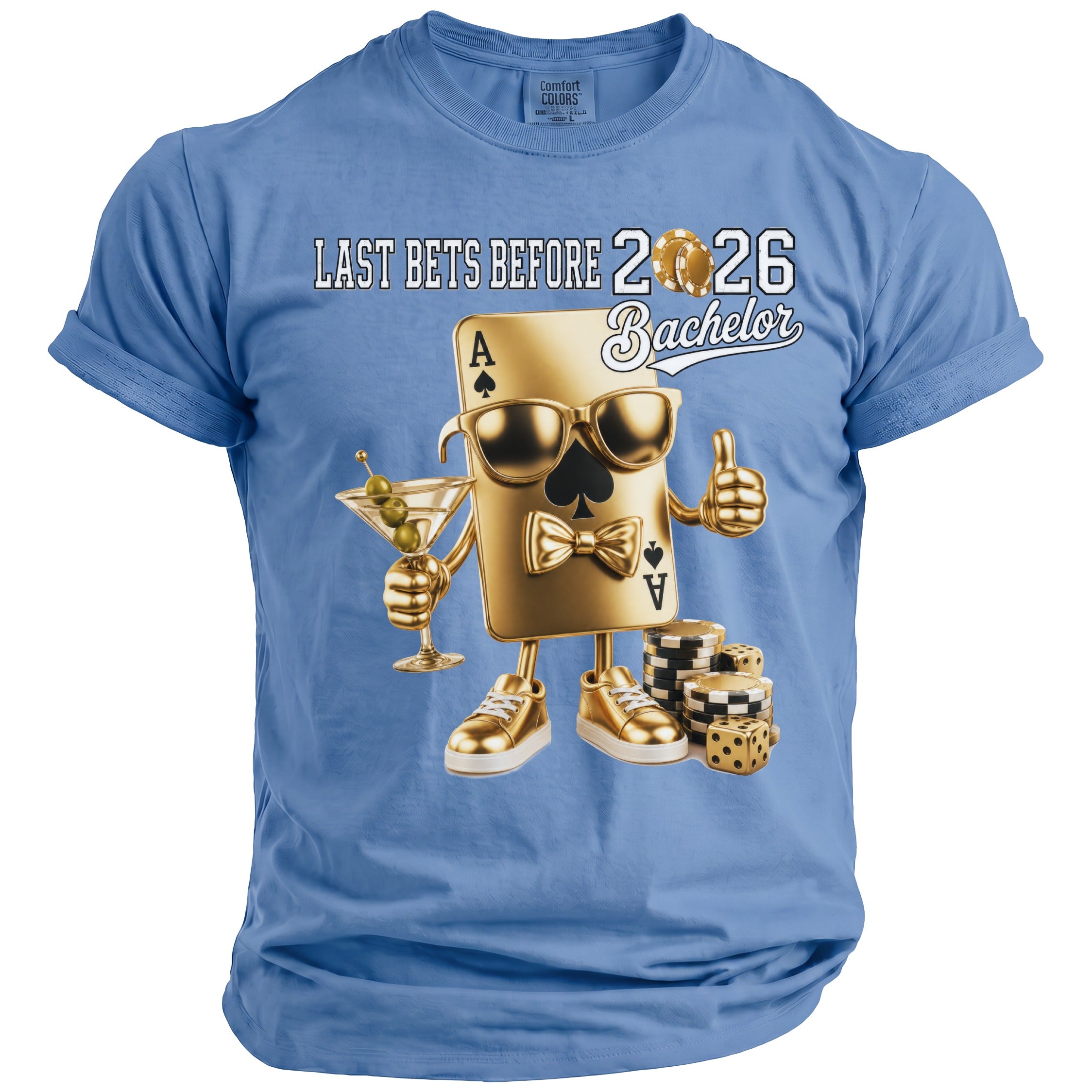 Ace of Spades character with martini, casino chips, and dice text: "Last Bets Before Bachelor 2026".