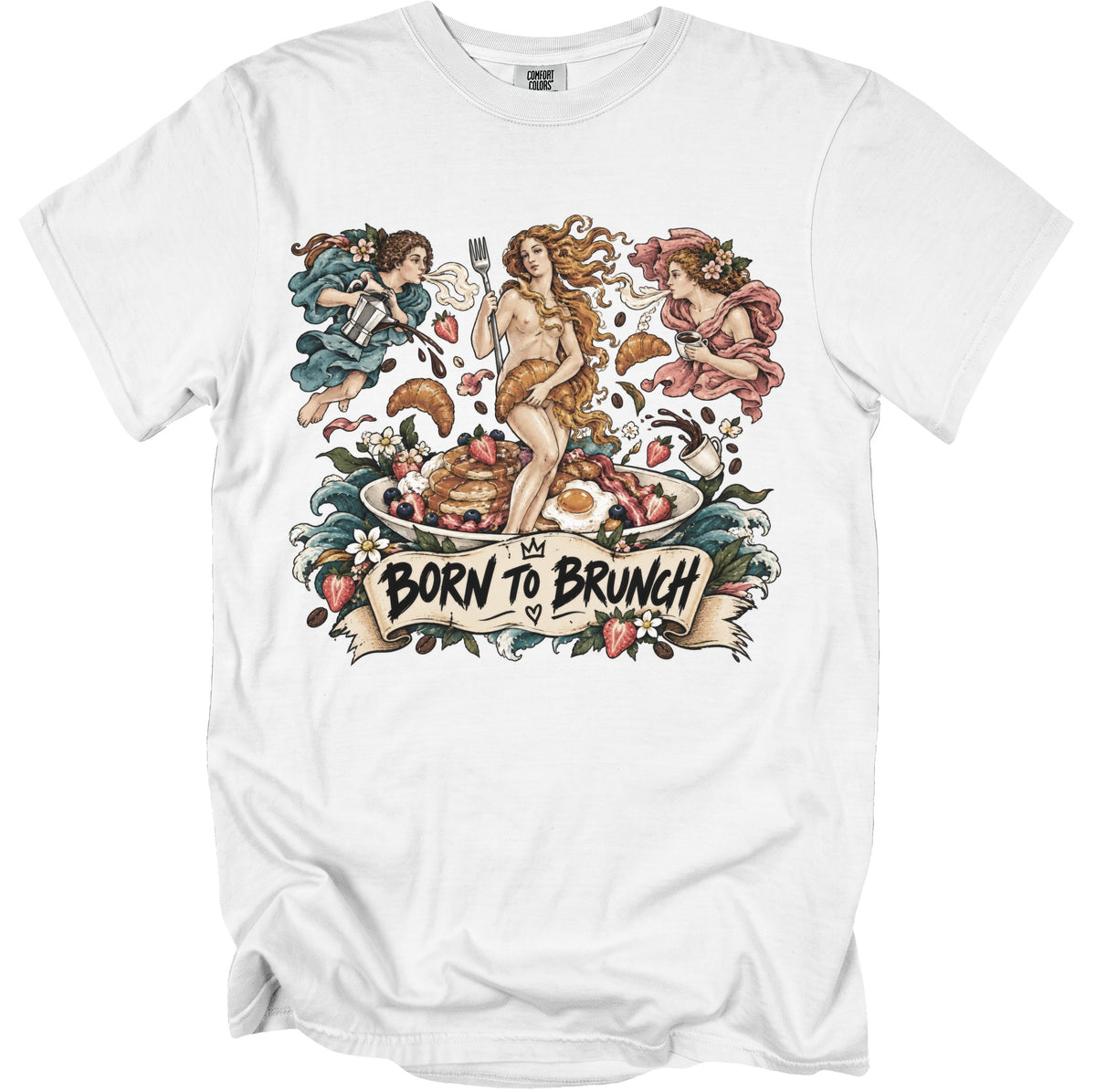 White t-shirt with "Born to Brunch" text and breakfast-themed illustration featuring mythological figures.