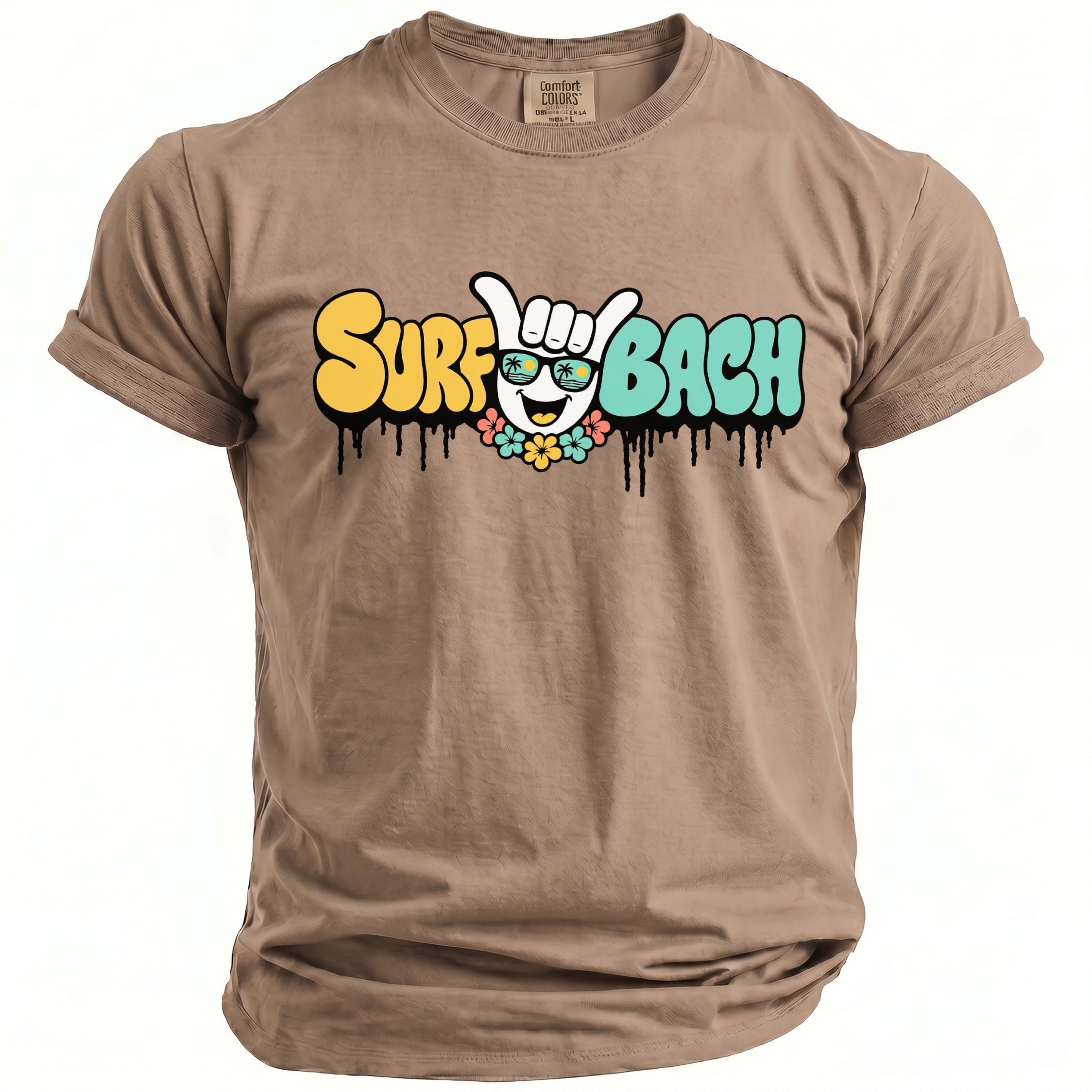 Brown t-shirt with yellow and teal "Surf Bach" graphic featuring a sun with sunglasses.