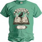 T-shirt with crow on book, saying "'Til Death, Our Most Faithful Spell".