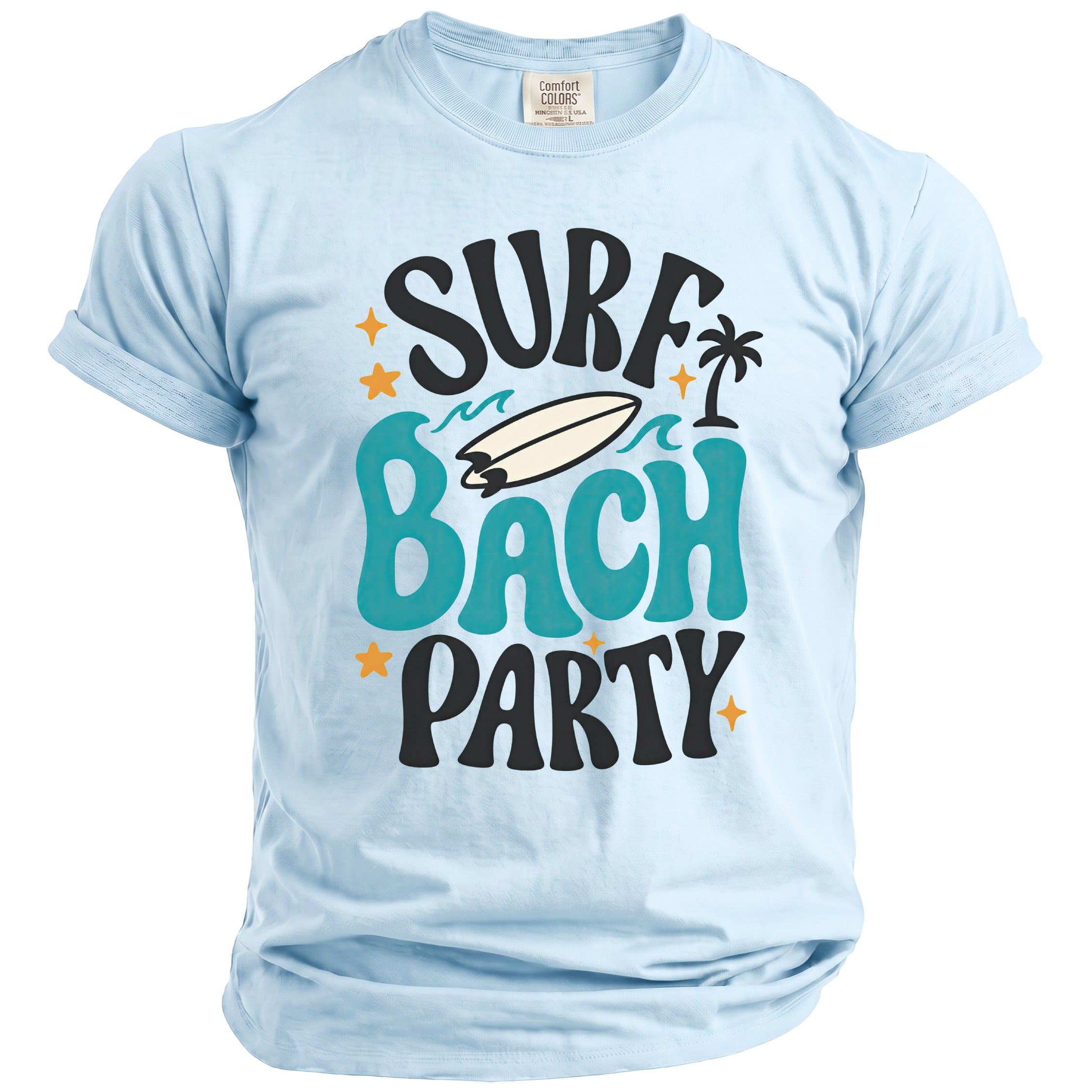 Light blue t-shirt with "Surf Bach Party" graphic and surfboard.