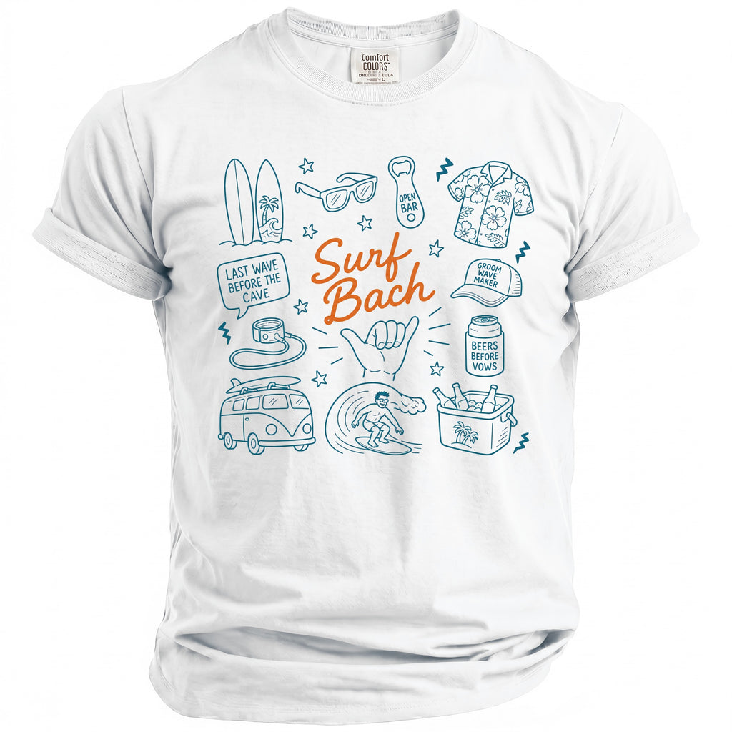 White t-shirt with blue line drawings of surf elements and text "Surf Bach".