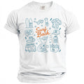 White t-shirt with blue line drawings of surf elements and text "Surf Bach".
